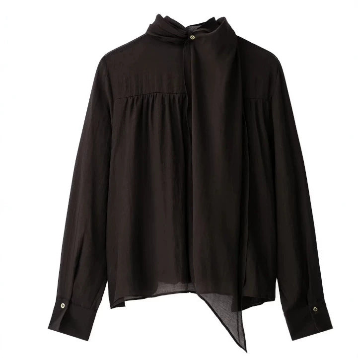 Damen Locker fallende Chiffon‑Bluse mit Schalkragen, Knopfleiste und Ballonärmeln Drune