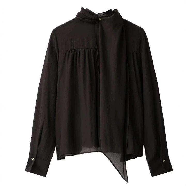 Damen Locker fallende Chiffon‑Bluse mit Schalkragen, Knopfleiste und Ballonärmeln Drune