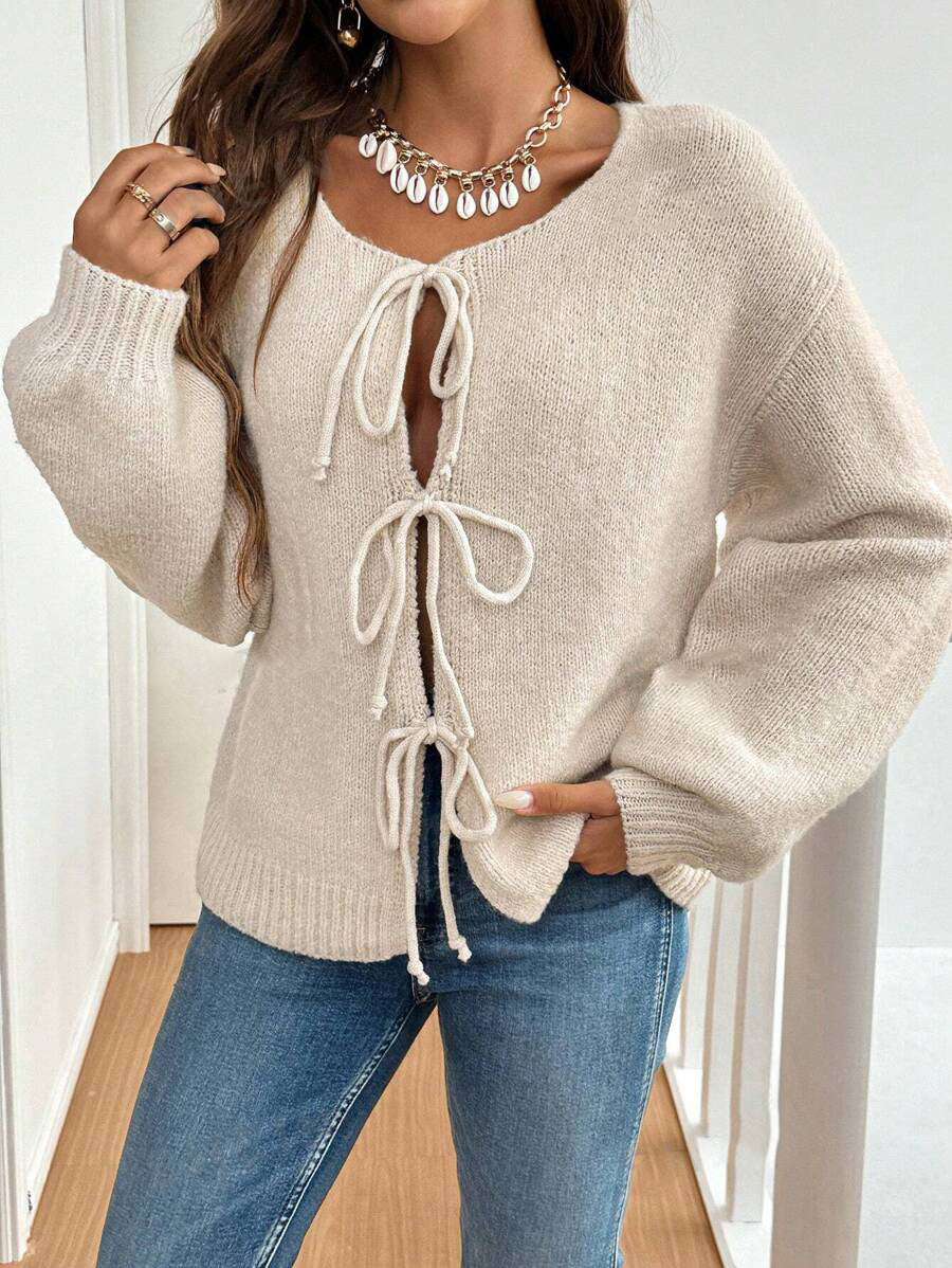 Damen lässiger Strickcardigan mit Bindebändern Drune