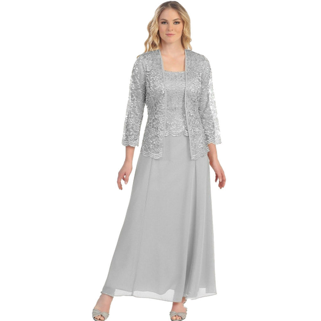 Damen Elegantes Abend-Maxi-Kleid mit Spitzenbolero und tailliertem Unterkleid Drune
