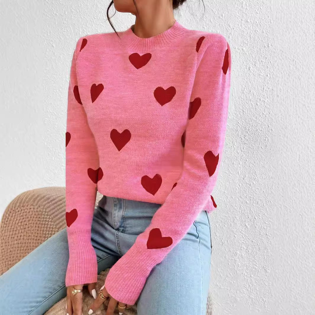 Damen nan kaschmirähnlicher Feinstrickpullover mit Allover-Herzmotiv, Rundhalsausschnitt und verlängerten Bündchen Drune