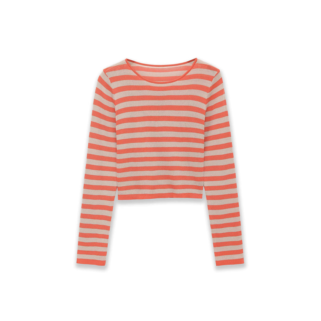 Damen Gestreifter Cropped-Feinstrickpullover mit U-Boot-Ausschnitt Drune