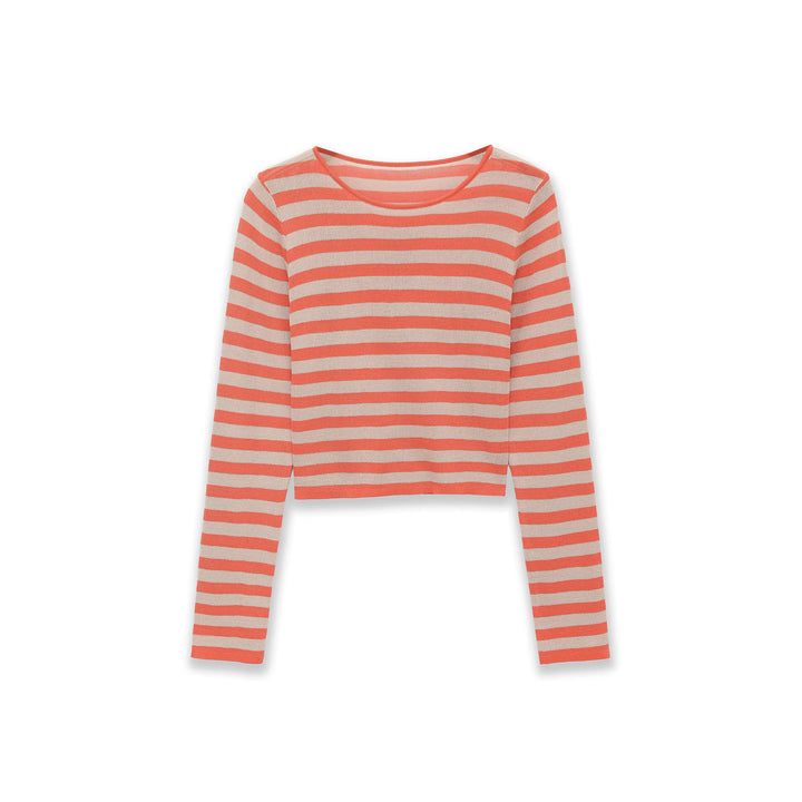 Damen Gestreifter Cropped-Feinstrickpullover mit U-Boot-Ausschnitt Drune