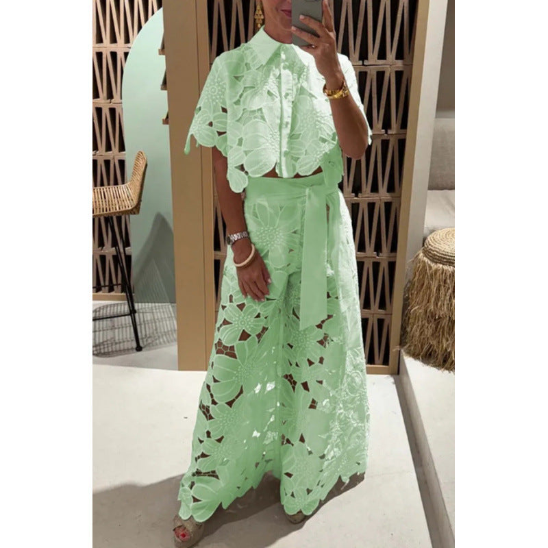 Damen Zweiteiliges Spitzen-Set mit Blumenstickerei und Palazzohose Drune