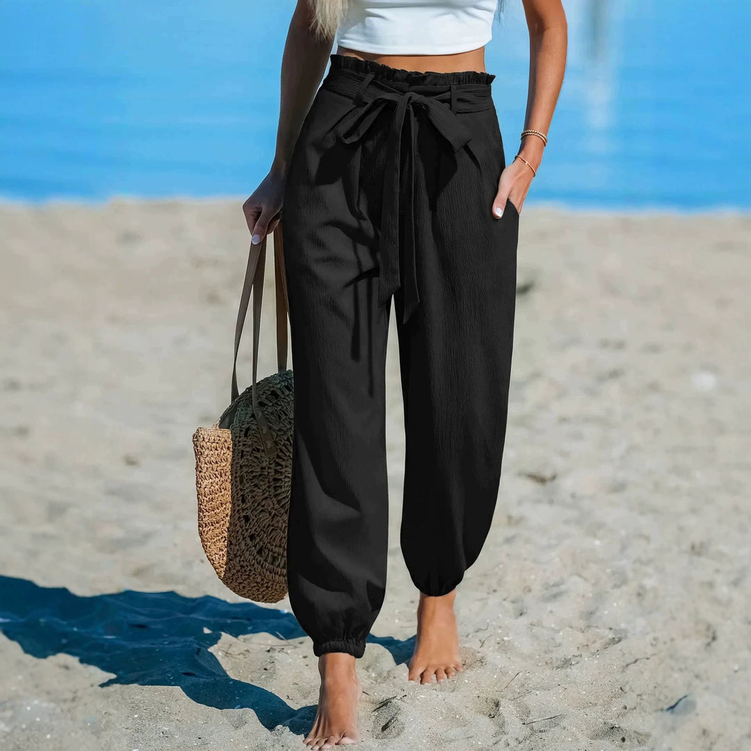 Damen Leichte Paperbag-Hochbund-Hose mit Bindegürtel, Seitentaschen und elastischen Knöchelbündchen Drune