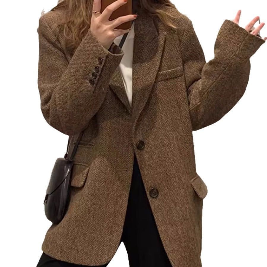 Damen Oversize-Blazer aus Wollmix mit Fischgrätstruktur, kastiger Silhouette & Pattentaschen Drune