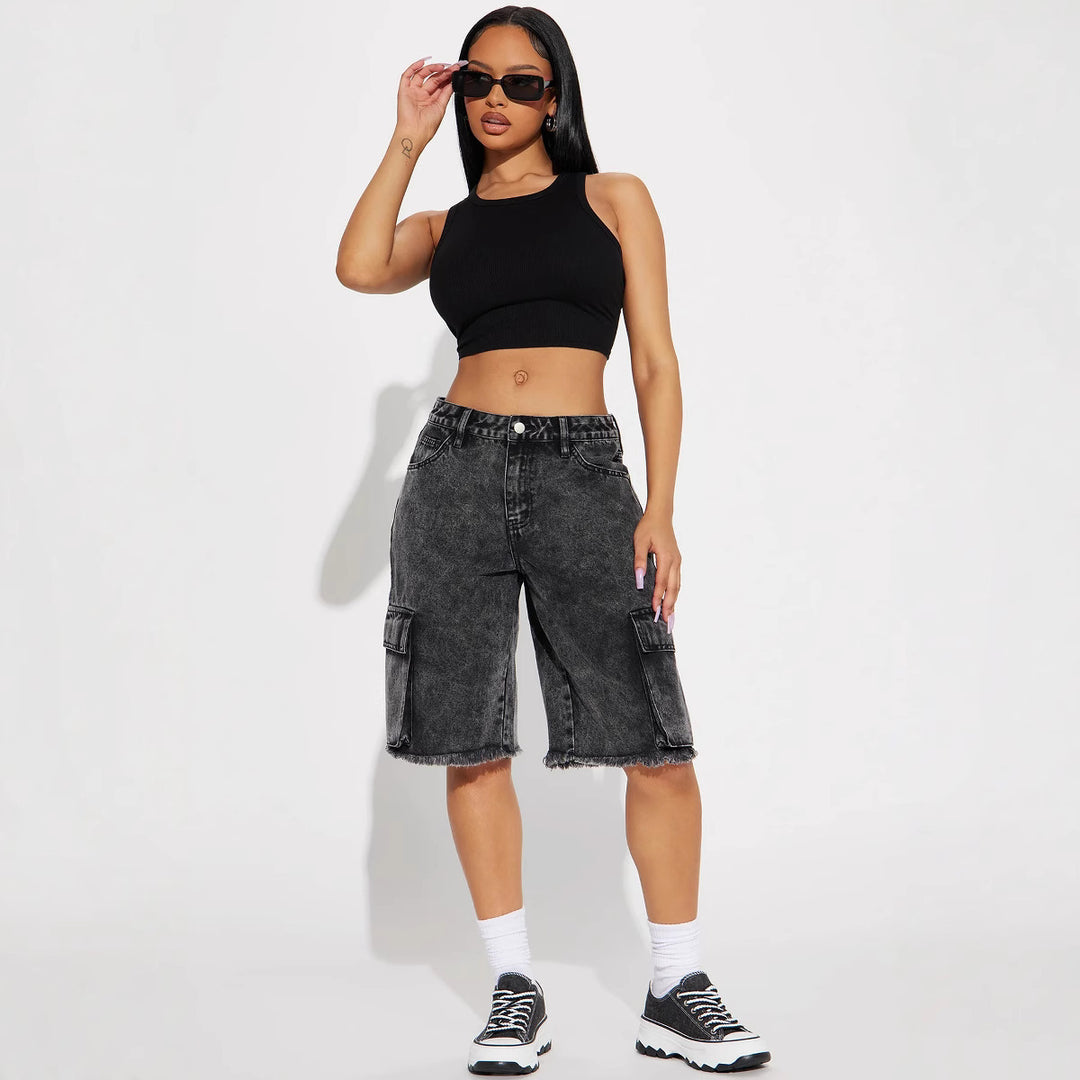 Damen Cargo-Shorts mit ausgefranstem Saum und praktischen Taschen Drune
