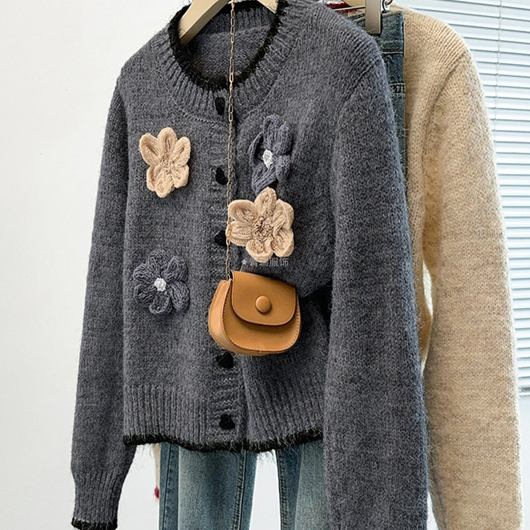 Damen Kuscheliger Strickcardigan mit Blumenapplikationen Drune