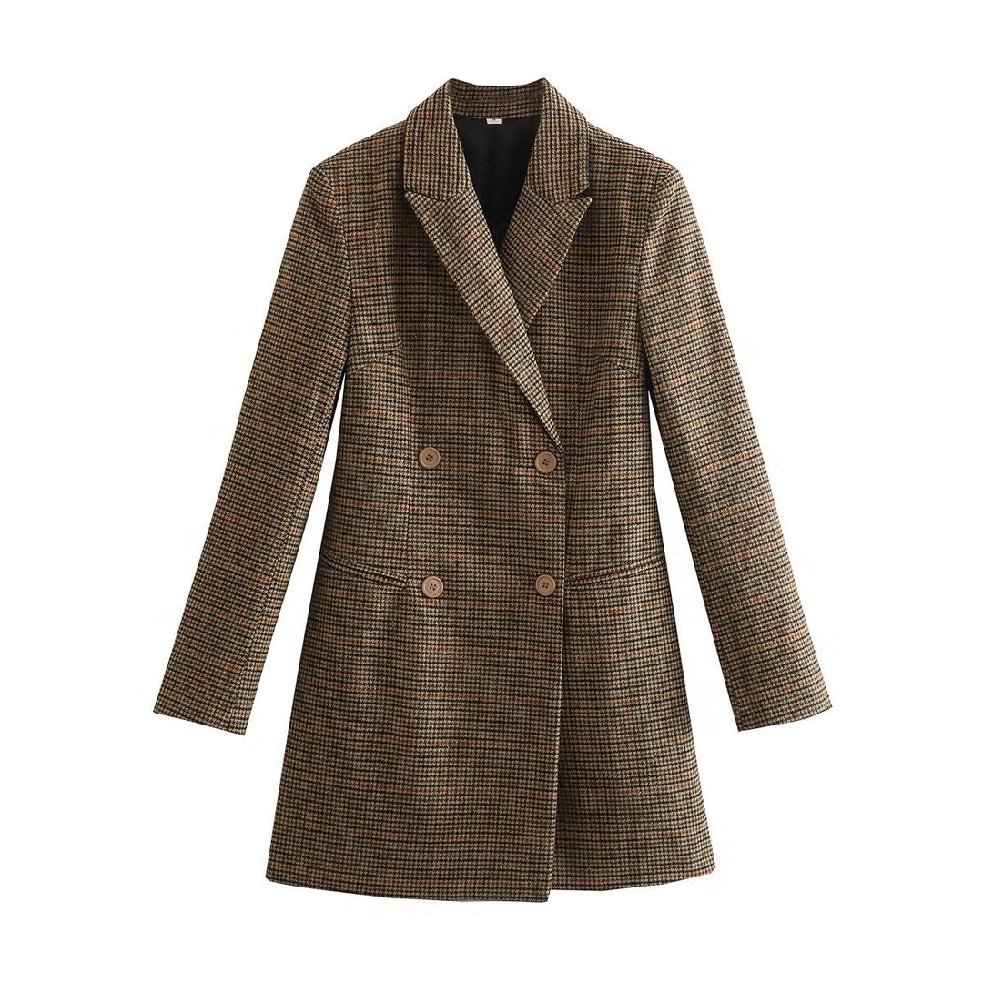 Damen nan taillierter zweireihiger Longblazer mit Glencheck-Struktur, Schalkragen und Pattentaschen Drune