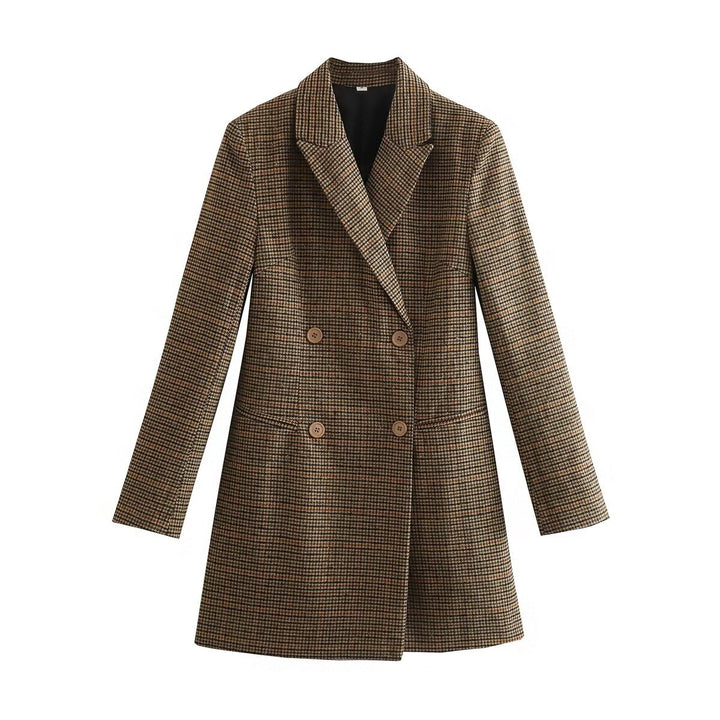 Damen nan taillierter zweireihiger Longblazer mit Glencheck-Struktur, Schalkragen und Pattentaschen Drune