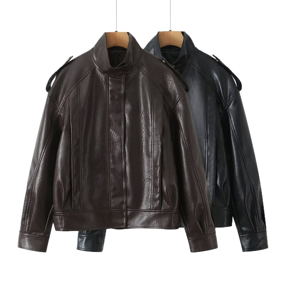 Damen Cropped Bomberjacke aus Kunstleder mit hohem Stehkragen und Schulterklappen Drune