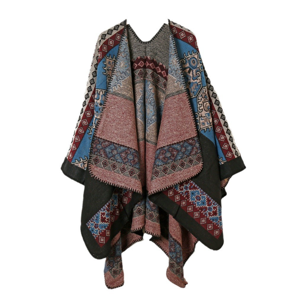 Damen Wollmix-Jacquard-Capeponcho im Ethno-Look mit dekorativer Ziernaht Drune