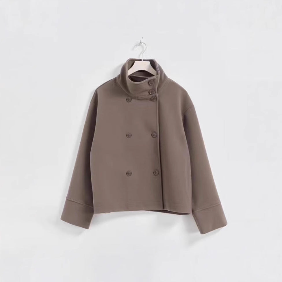 Damen Modische Cropped Jacke mit hohem Kragen und doppelter Knopfleiste Drune