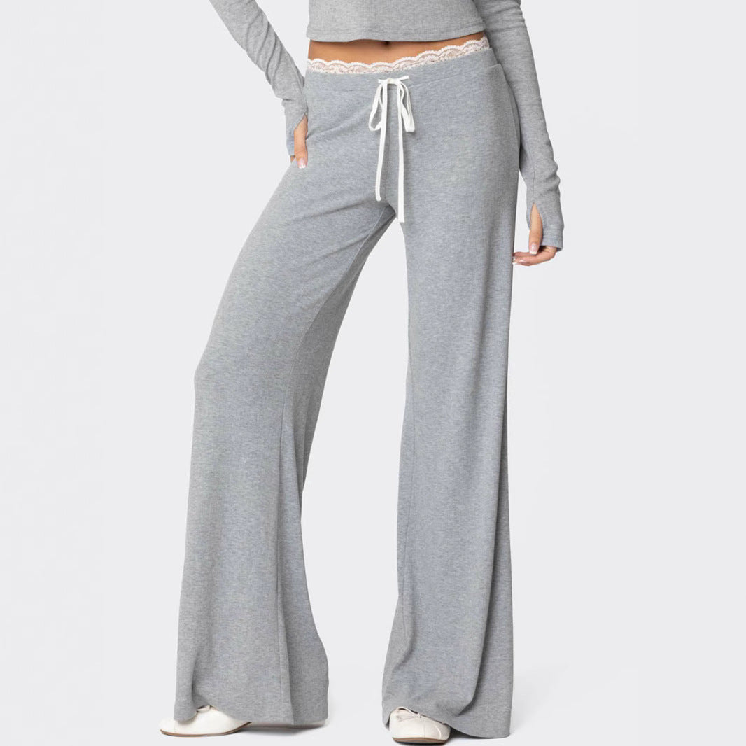 Damen Hellgraue Freizeithose mit elastischem Bund und dekorativem Spitzenabschluss Drune