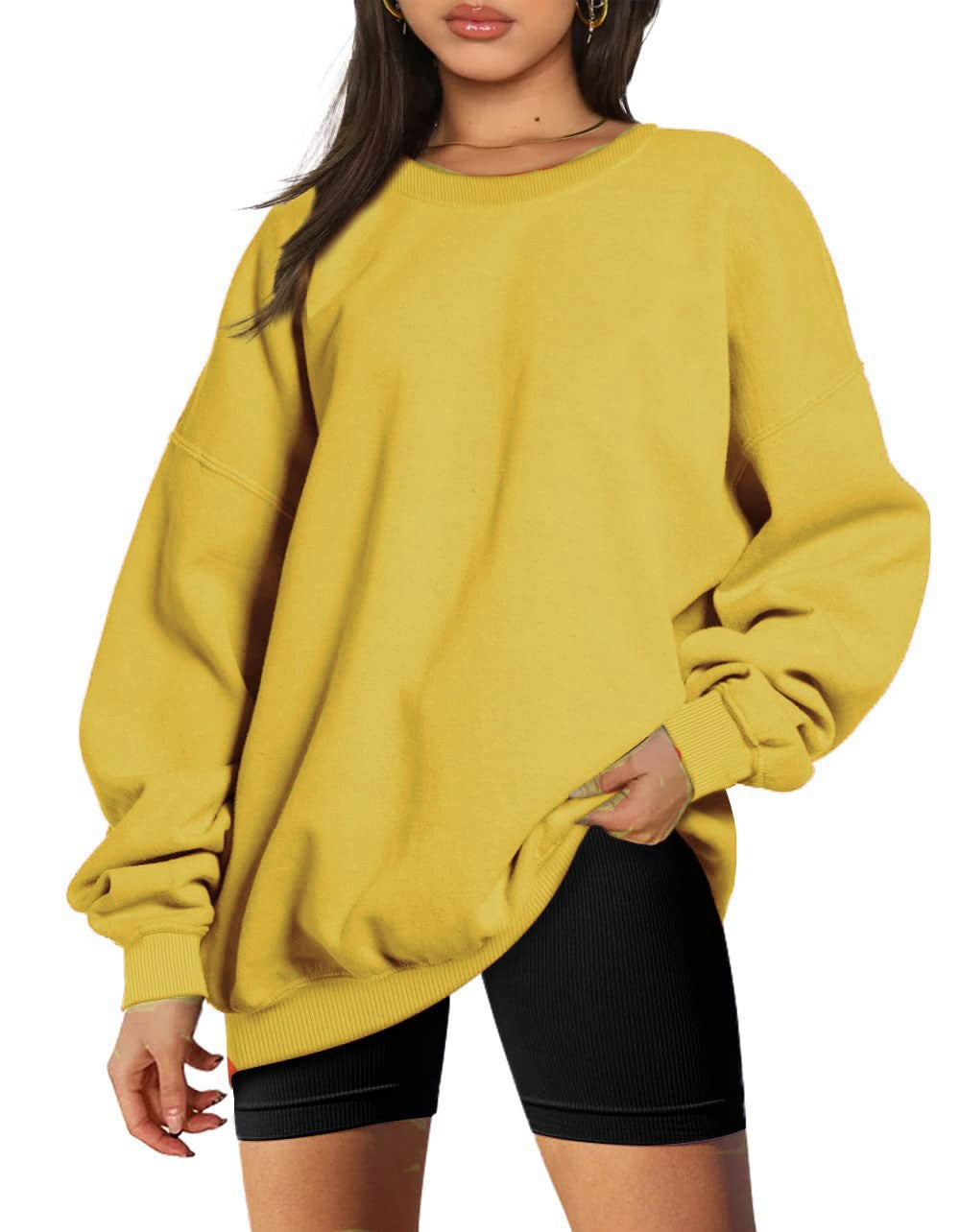 Damen nan extralanger Oversize-Sweatpullover mit Ballonärmeln, geripptem Saum und angerauter Innenseite Drune