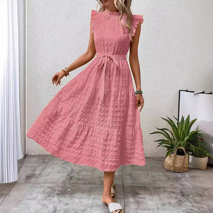 Damen Midikleid mit Stehkragen, Rüschenärmeln und Taillengürtel Drune
