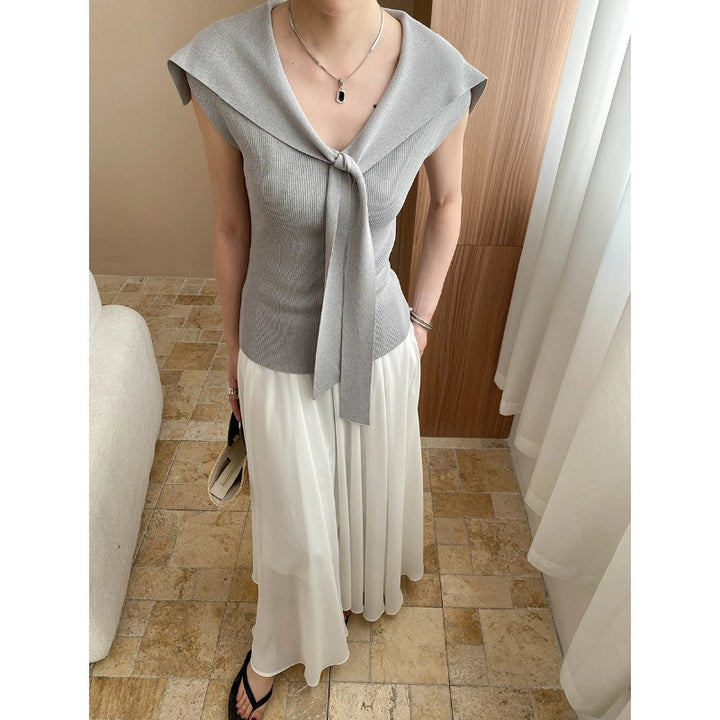 Damen elegantes Oberteil mit schickem Schleifenkragen Drune
