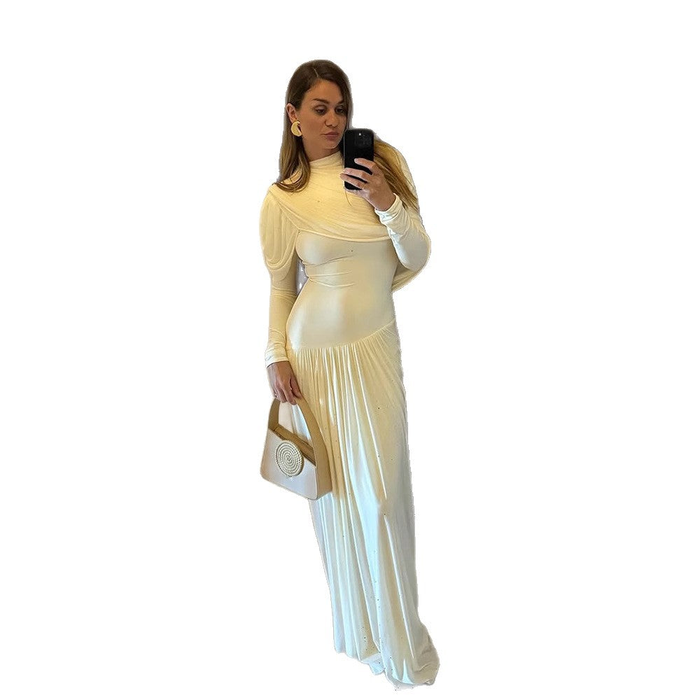 Damen Plissiertes Maxi-Abendkleid mit drapierten Schultern und langen Ärmeln Drune