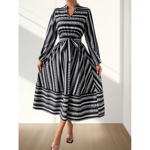 Damen Maxikleid mit modernem geometrischem Muster und schönem Taillengürtel Drune