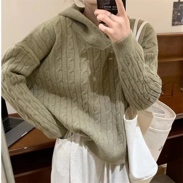 Damen Kuscheliger Strickpullover mit Kapuze und Zopfmuster Drune