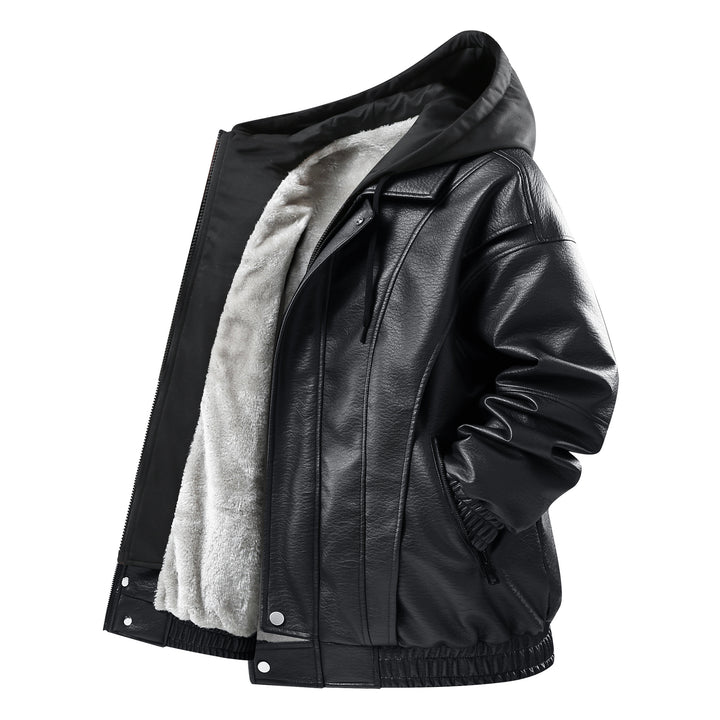 Herren Modische Kunstlederjacke mit Kapuze Drune