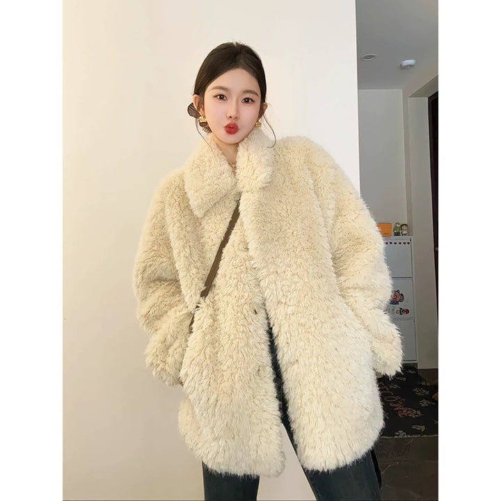 Damen Oversize Teddyfell‑Mantel mit Schalkragen und verdeckter Knopfleiste Drune