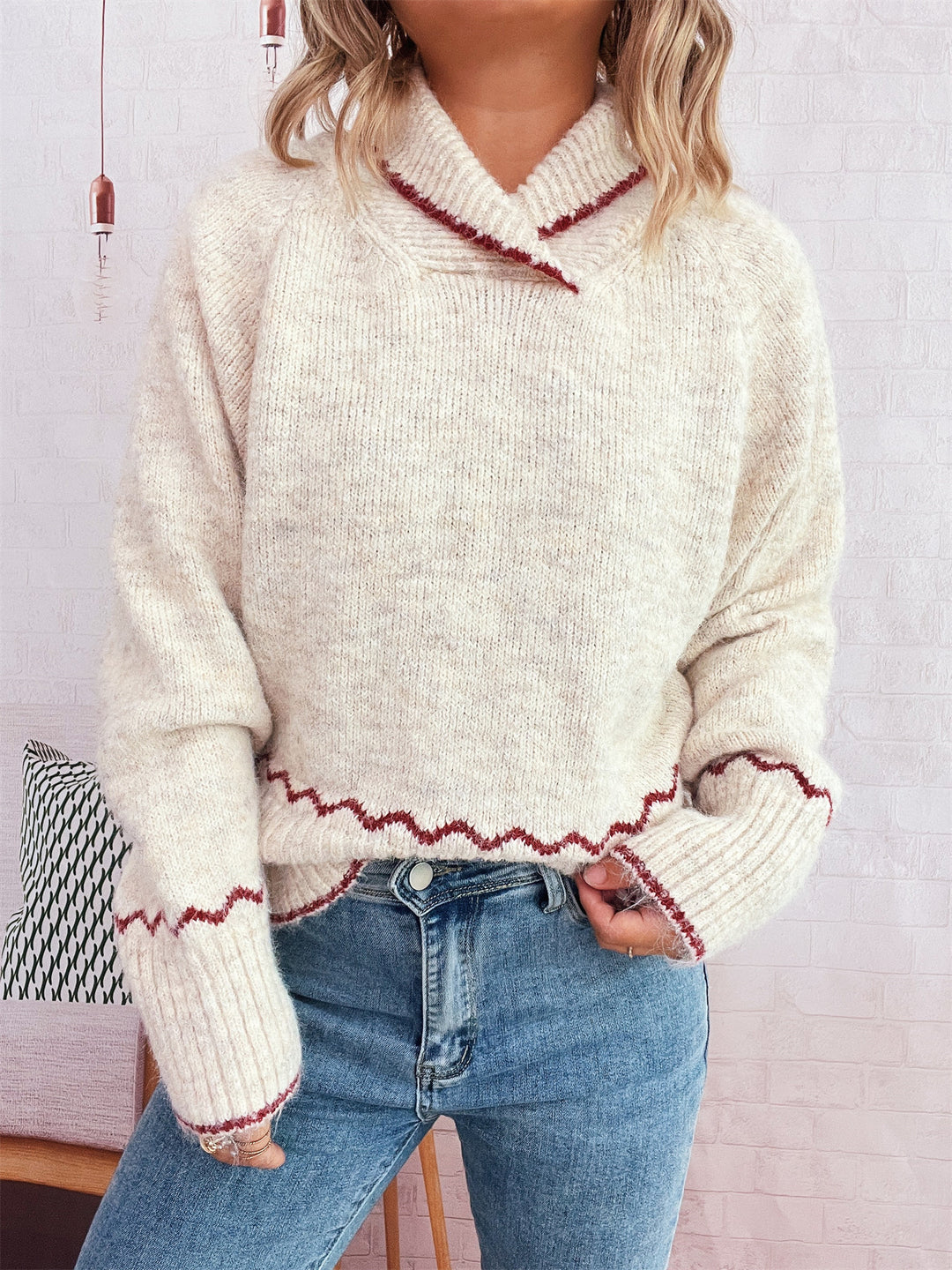Damen kuscheliger Strickpullover mit Wellenrand Drune