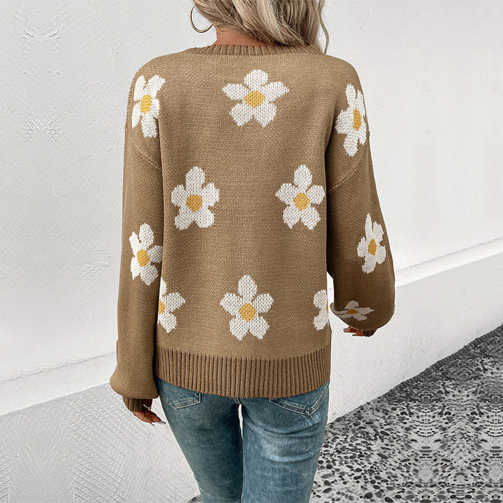 Damen Oversize-Strickpullover mit Blumenjacquard, Rundhalsausschnitt und Ballonärmeln Drune
