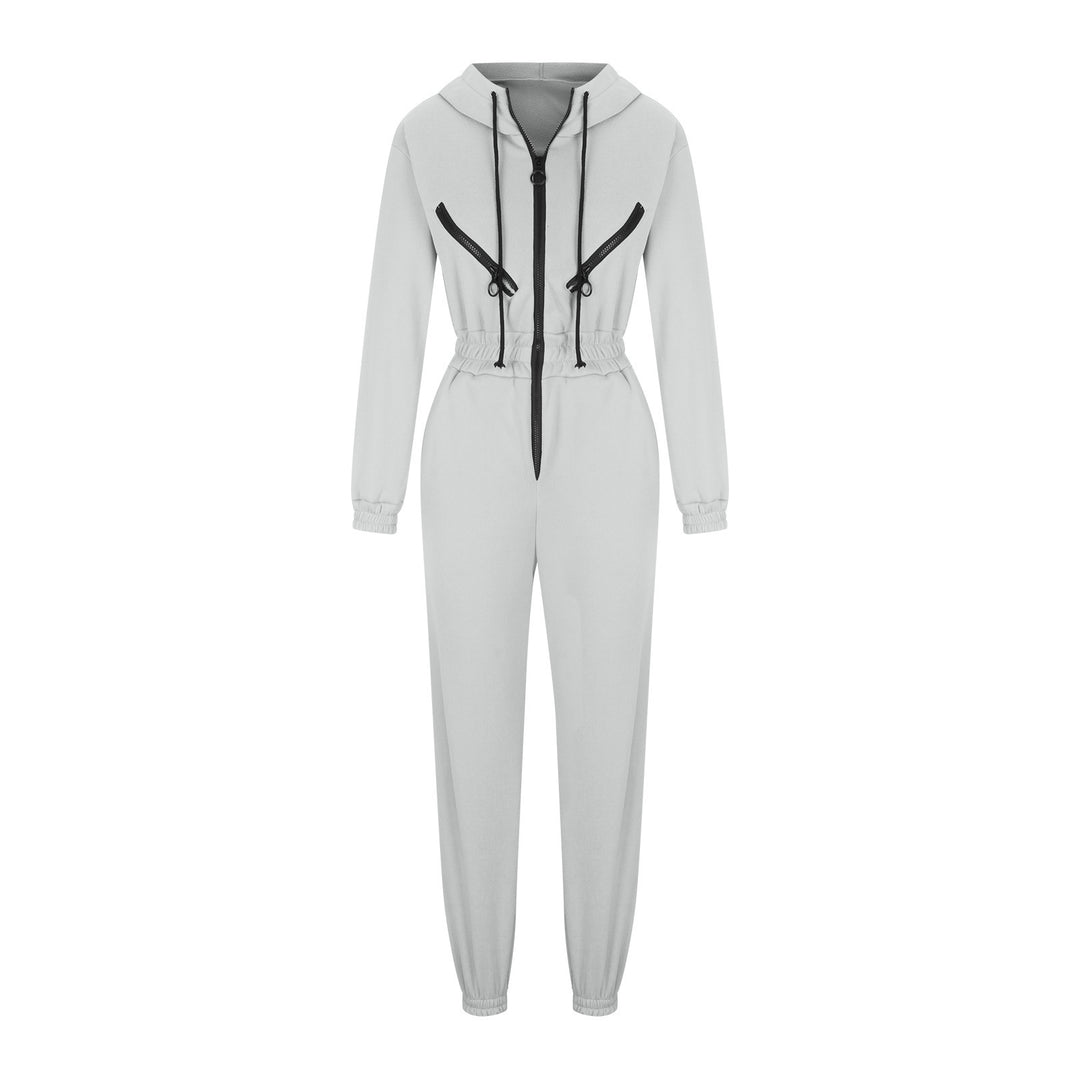 Damen taillierter Kapuzen-Jumpsuit mit elastischem Bund und markanten Kontrast-Reißverschlüssen Drune