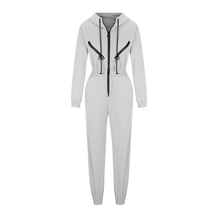 Damen taillierter Kapuzen-Jumpsuit mit elastischem Bund und markanten Kontrast-Reißverschlüssen Drune