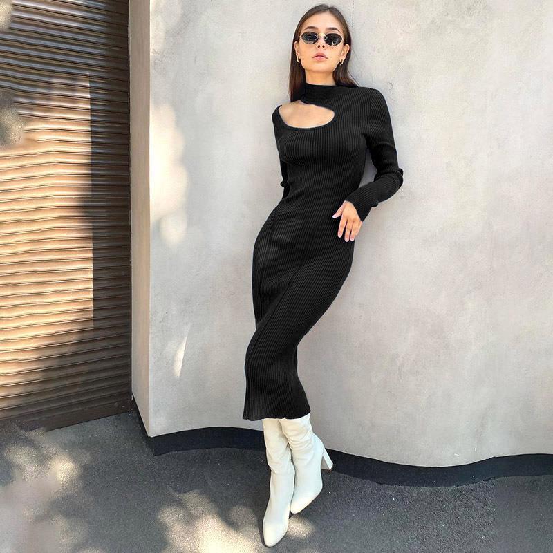 Damen Rippstrick-Midikleid mit Ausschnitt und langem Ärmel Drune