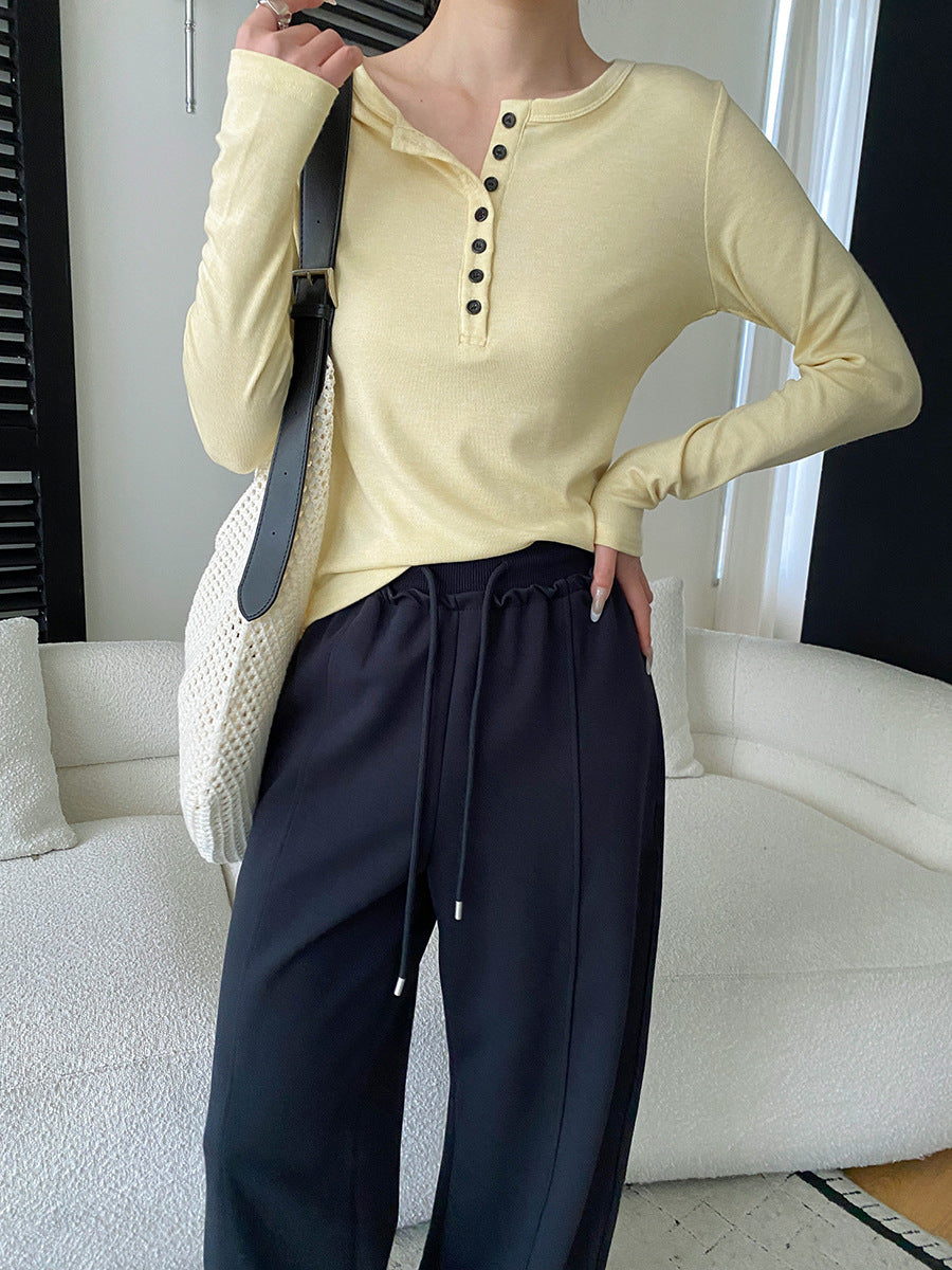 Damen Langarm-Henley-Shirt mit modischer Knopfleiste und bequemen Schnitt Drune