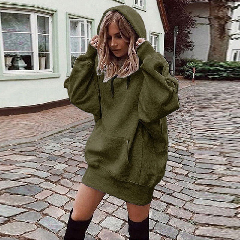 Damen Oversize Kapuzenkleid mit Kängurutasche Drune