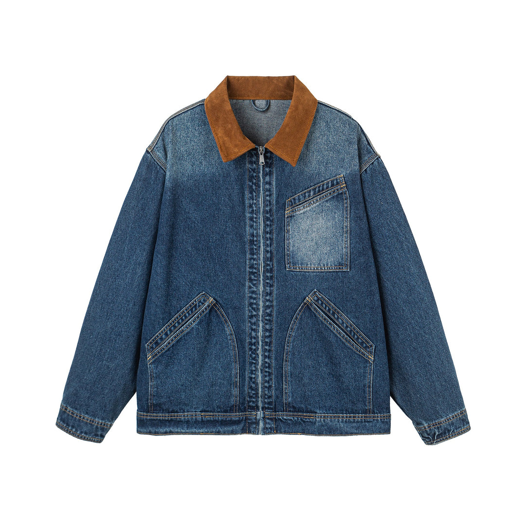 Damen Oversize-Denimjacke mit Velourslederkragen, verdecktem Reißverschluss und markanten Einstecktaschen Drune