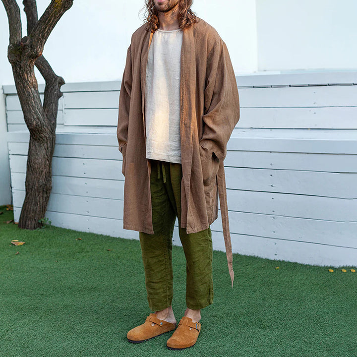 Herren Langer Leinen-Kimono-Mantel im Relaxed Fit mit Bindegürtel Drune