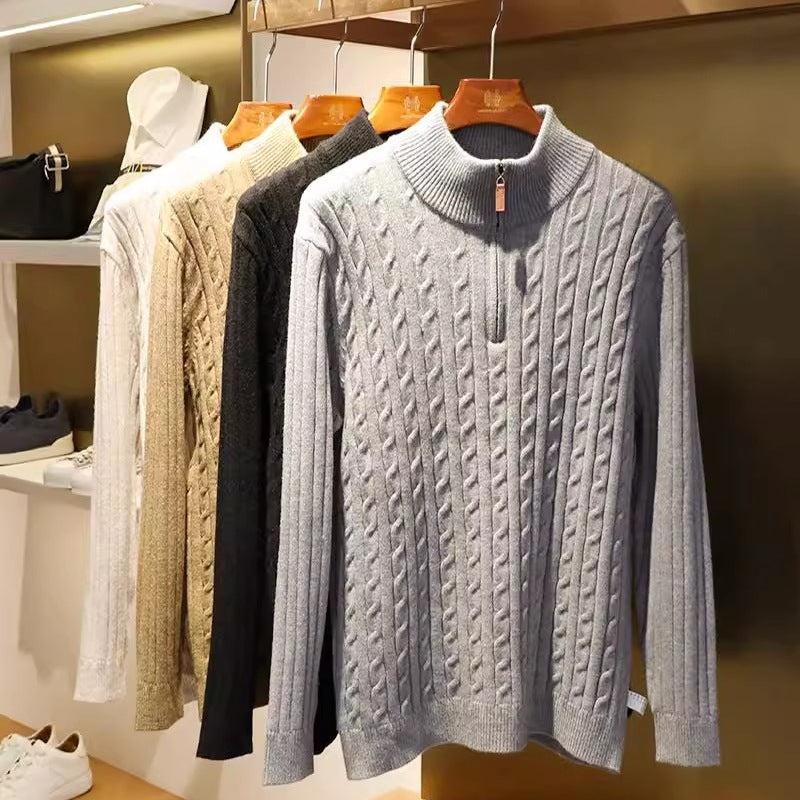 Herren Feinstrick-Pullover mit Zopfmuster und Halbzip-Stehkragen Drune