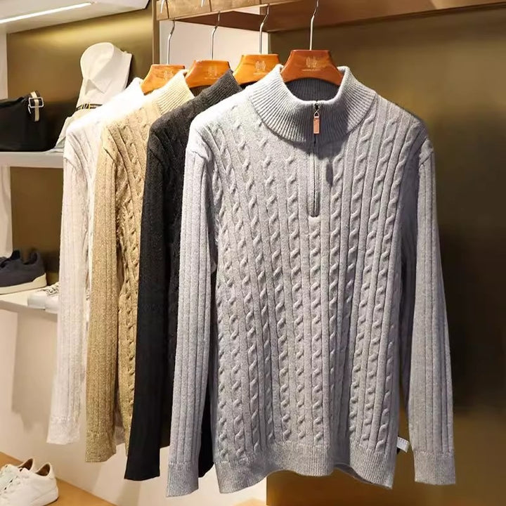 Herren Feinstrick-Pullover mit Zopfmuster und Halbzip-Stehkragen Drune