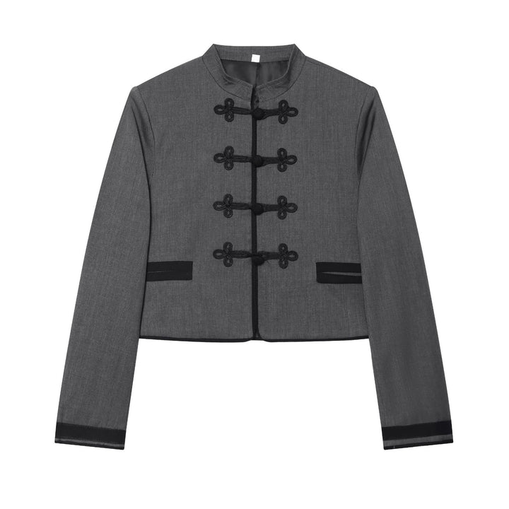 Damen nan taillierte Cropped-Jacke mit Mandarinkragen und dekorativen Froschverschlüssen Drune