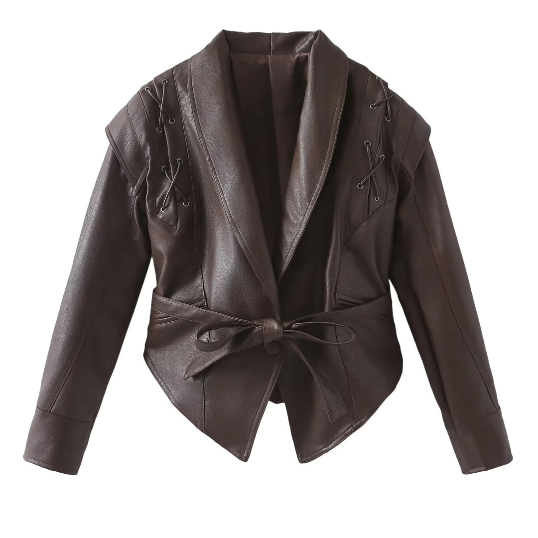 Damen nan Veloursoptik Blazerjacke mit Schalkragen, Schnürbesatz an den Schultern und taillierendem Bindegürtel Drune