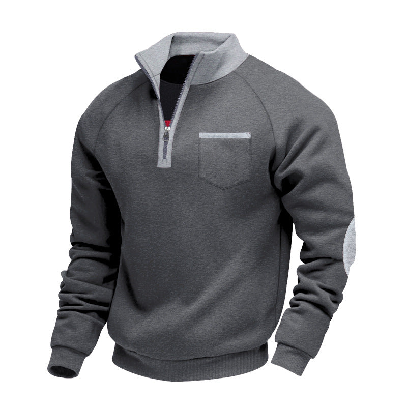 Herren Raglan-Halbzip-Sweatshirt mit Stehkragen, Brusttasche & Ellbogenapplikation Drune
