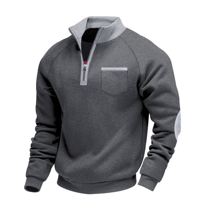 Herren Raglan-Halbzip-Sweatshirt mit Stehkragen, Brusttasche & Ellbogenapplikation Drune