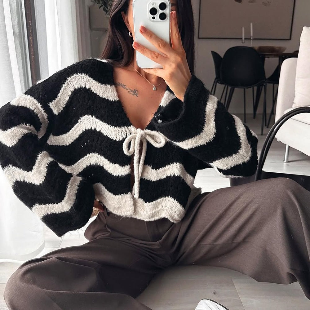 Damen Kuscheliger Kurz-Cardigan mit Zickzack-Textur, BindDruneand & Oversize-Ärmeln Drune