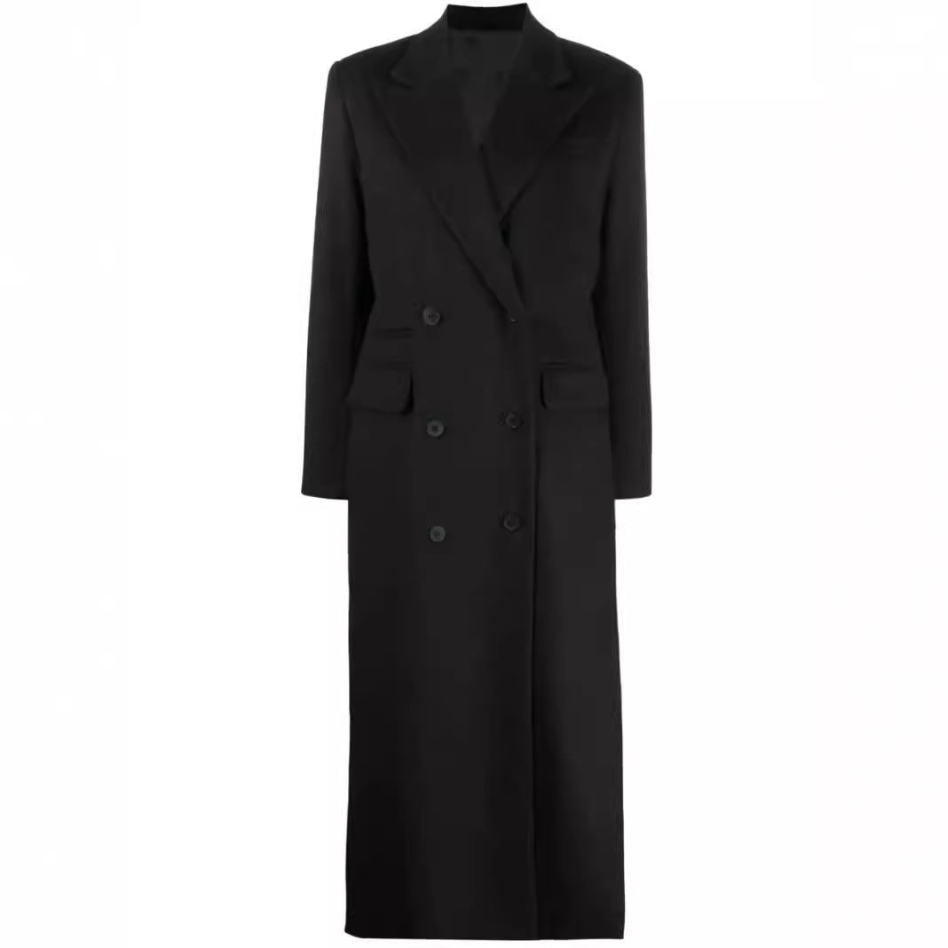 Damen Maxilanger Doppelreihiger Wollmix-Longcoat mit strukturierten Schultern und Pattentaschen Drune
