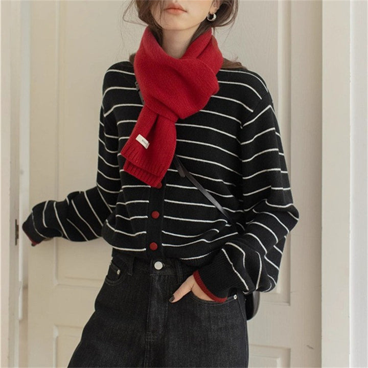 Damen gemütlicher Strickcardigan mit jugendlichem Streifenmuster und praktischem Knopfverschluss Drune