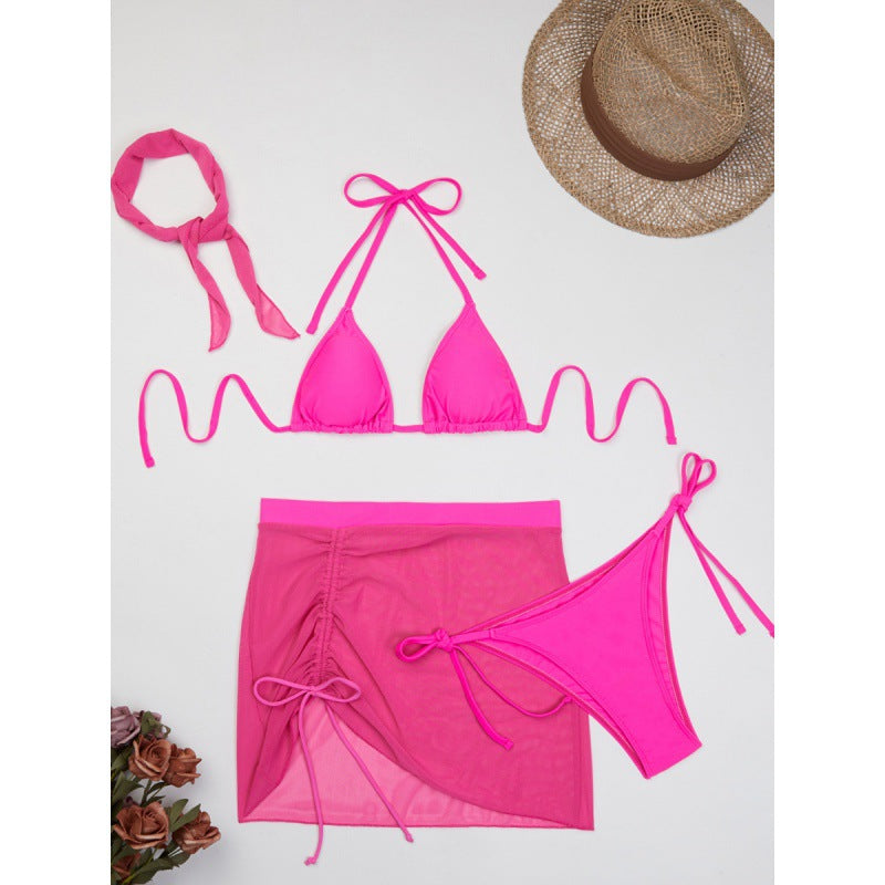Damen Triangelbikini-Set mit transparentem Überrock und modischem Stirnband Drune