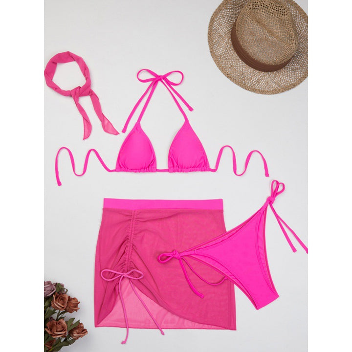 Damen Triangelbikini-Set mit transparentem Überrock und modischem Stirnband Drune