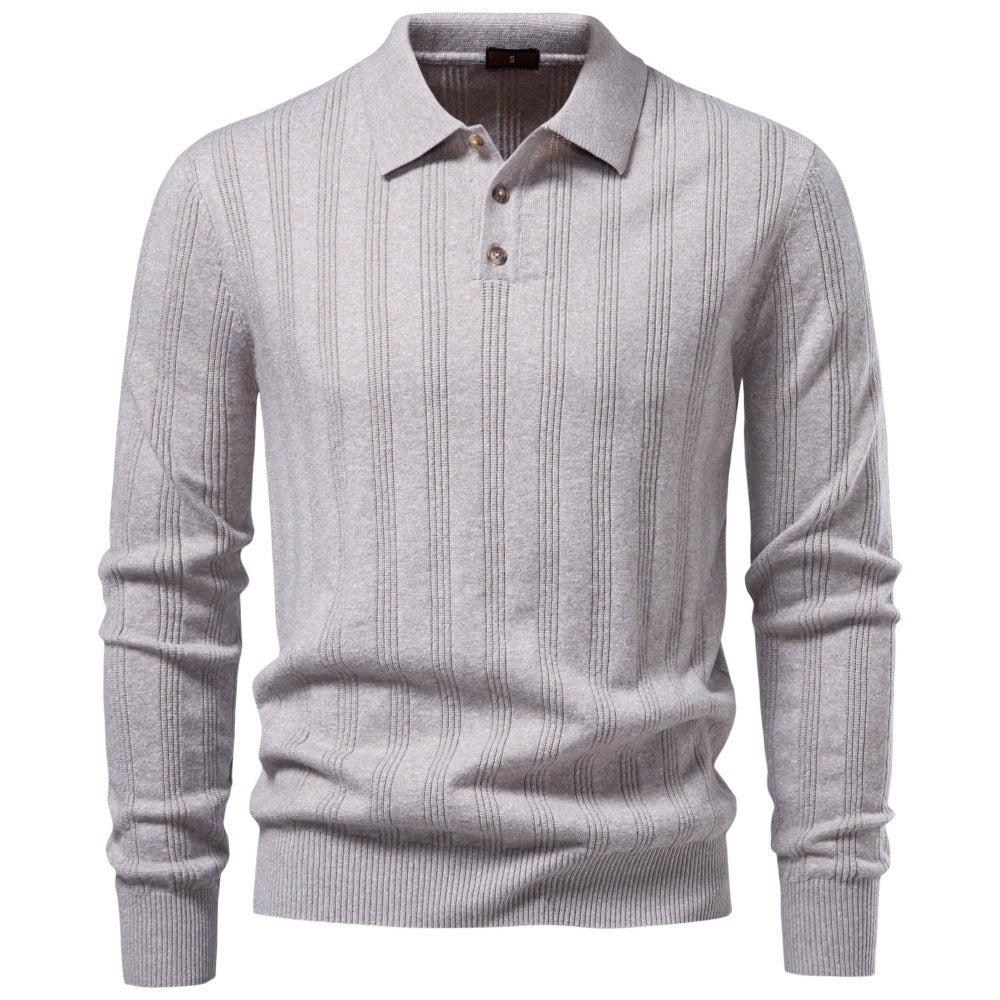 Herren Langarm-Feinstrick-Poloshirt mit Strukturstreifen und geripptem Saum Drune