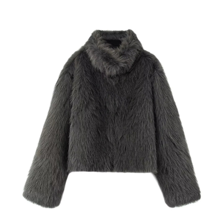 Damen nan kurzer Fauxfur Kurzblouson mit hohem Stehkragen, kurzem Boxy-Schnitt und langfloriger Kunstfelloptik Drune