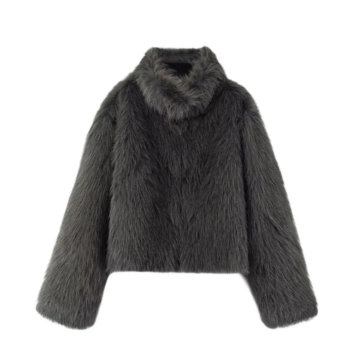 Damen nan kurzer Fauxfur Kurzblouson mit hohem Stehkragen, kurzem Boxy-Schnitt und langfloriger Kunstfelloptik Drune