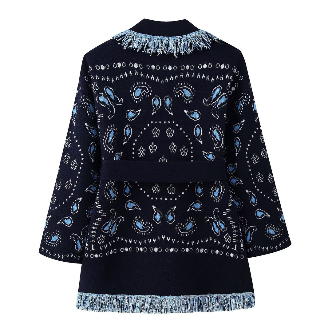 Damen Fransen-Kimono-Cardigan mit Paisley-Jacquard und Bindegürtel Drune